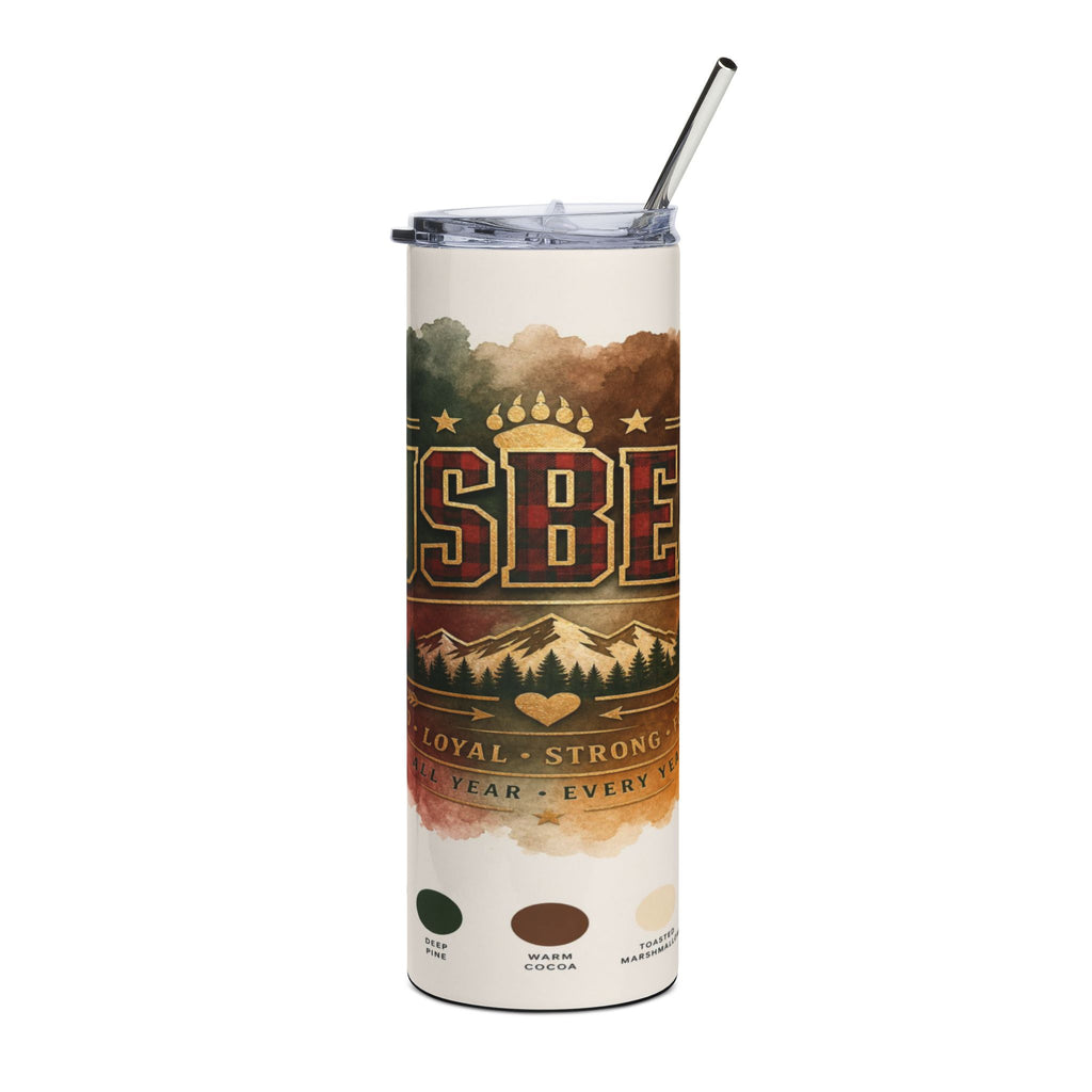 Tumbler with "SBE" logo, mountains, trees, and color swatches for Deep Pine, Warm Cocoa, and Toasted Marshmallow.