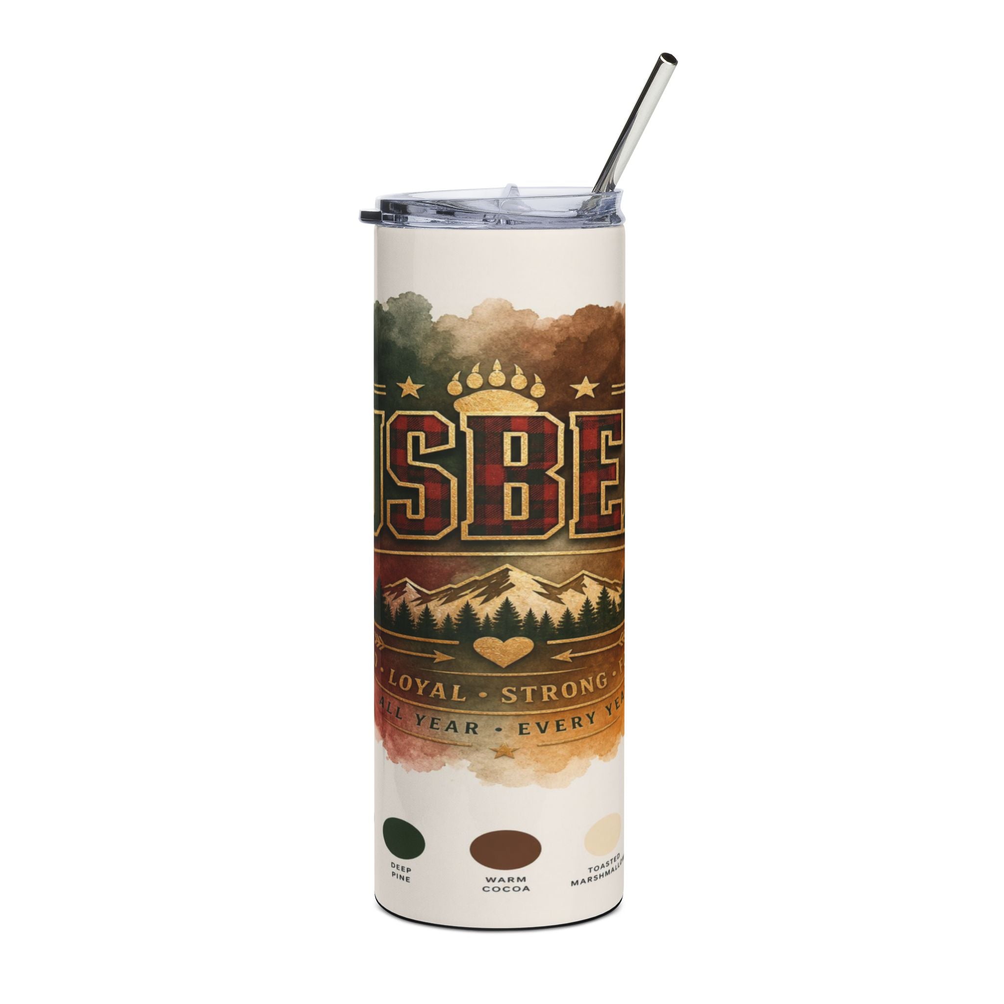 Tumbler with "SBE" logo, mountains, trees, and color swatches for Deep Pine, Warm Cocoa, and Toasted Marshmallow.