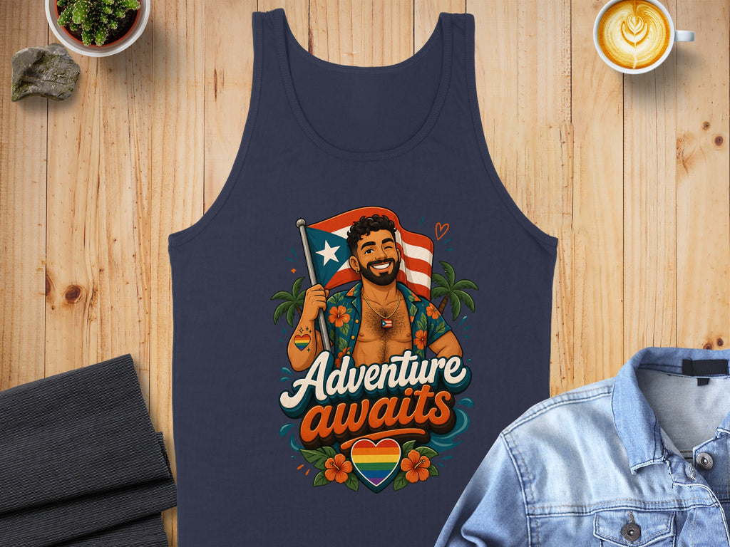 Man wearing Pride flag tank top with "Adventure awaits" text and floral accents.