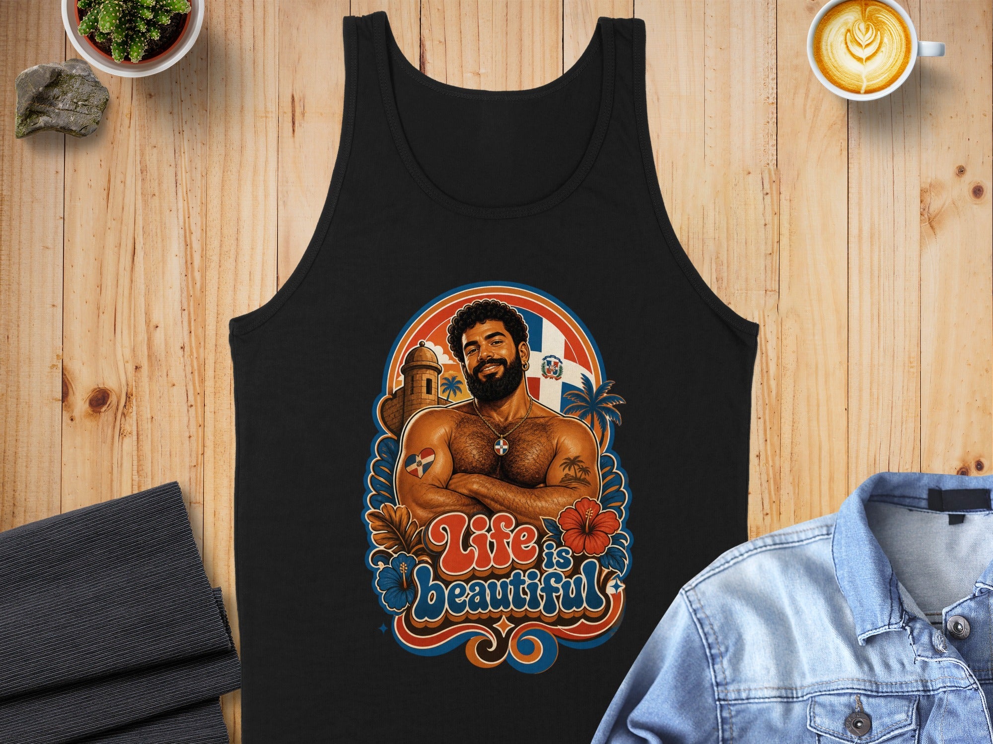 Black tank top with a vibrant graphic of a muscular man and "Life is beautiful" text.