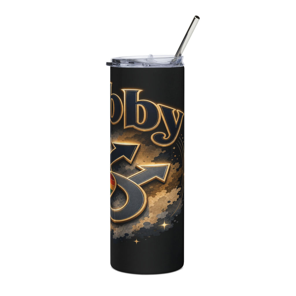 Black tumbler with gold and blue text "obby" and symbols.