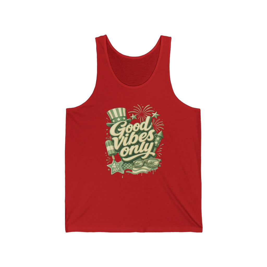 Red tank top with "Good Vibes Only" and 4th of July graphics.