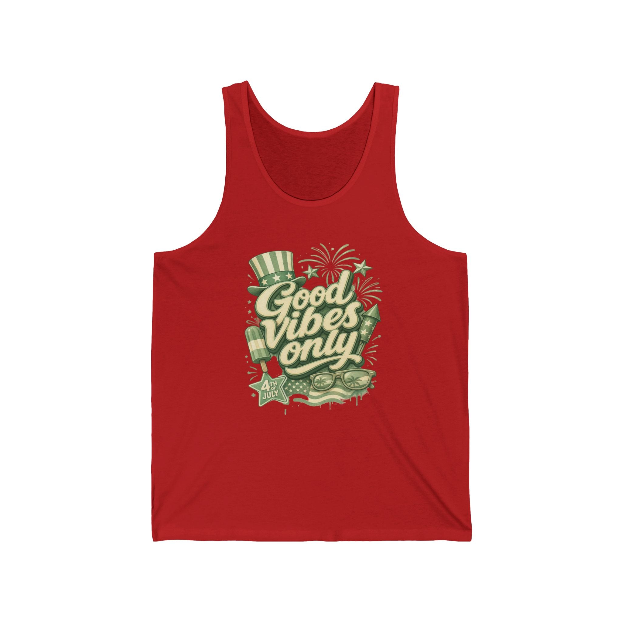 Red tank top with "Good Vibes Only" and 4th of July graphics.