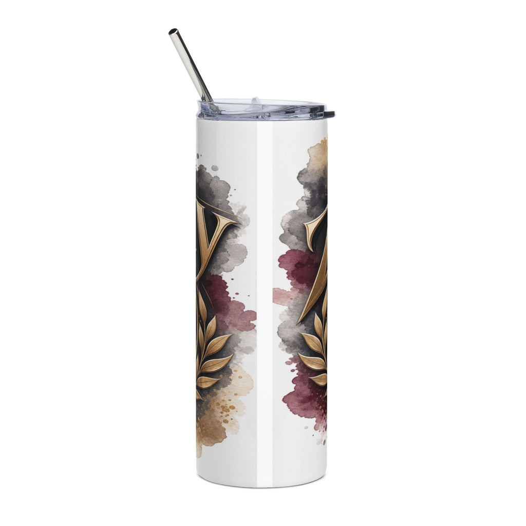 White tumbler with gold ornate letter V and watercolor splatters.