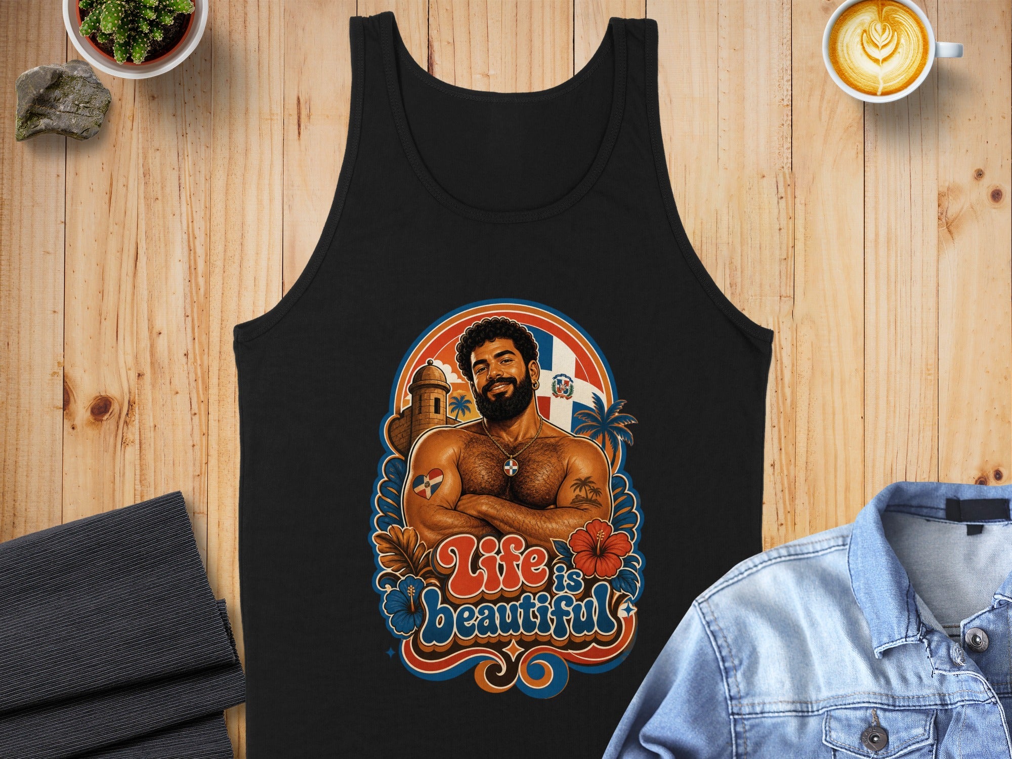 Black tank top featuring a muscular man, flags, and "Life is Beautiful" text.