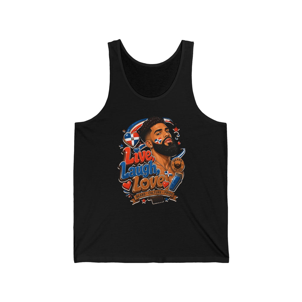 Black tank top with graphic of man and "Live Laugh Love" text.
