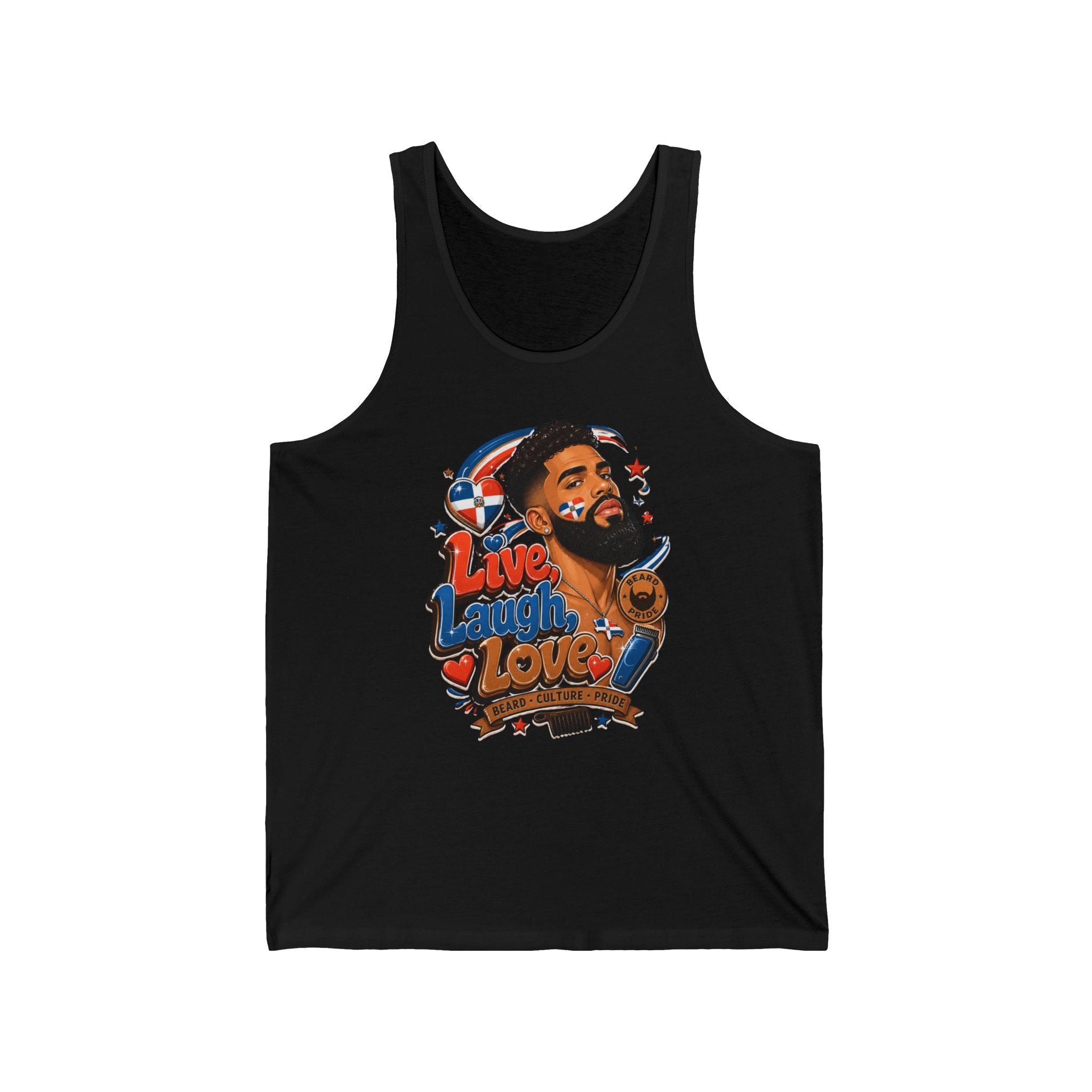 Black tank top with graphic of man and "Live Laugh Love" text.