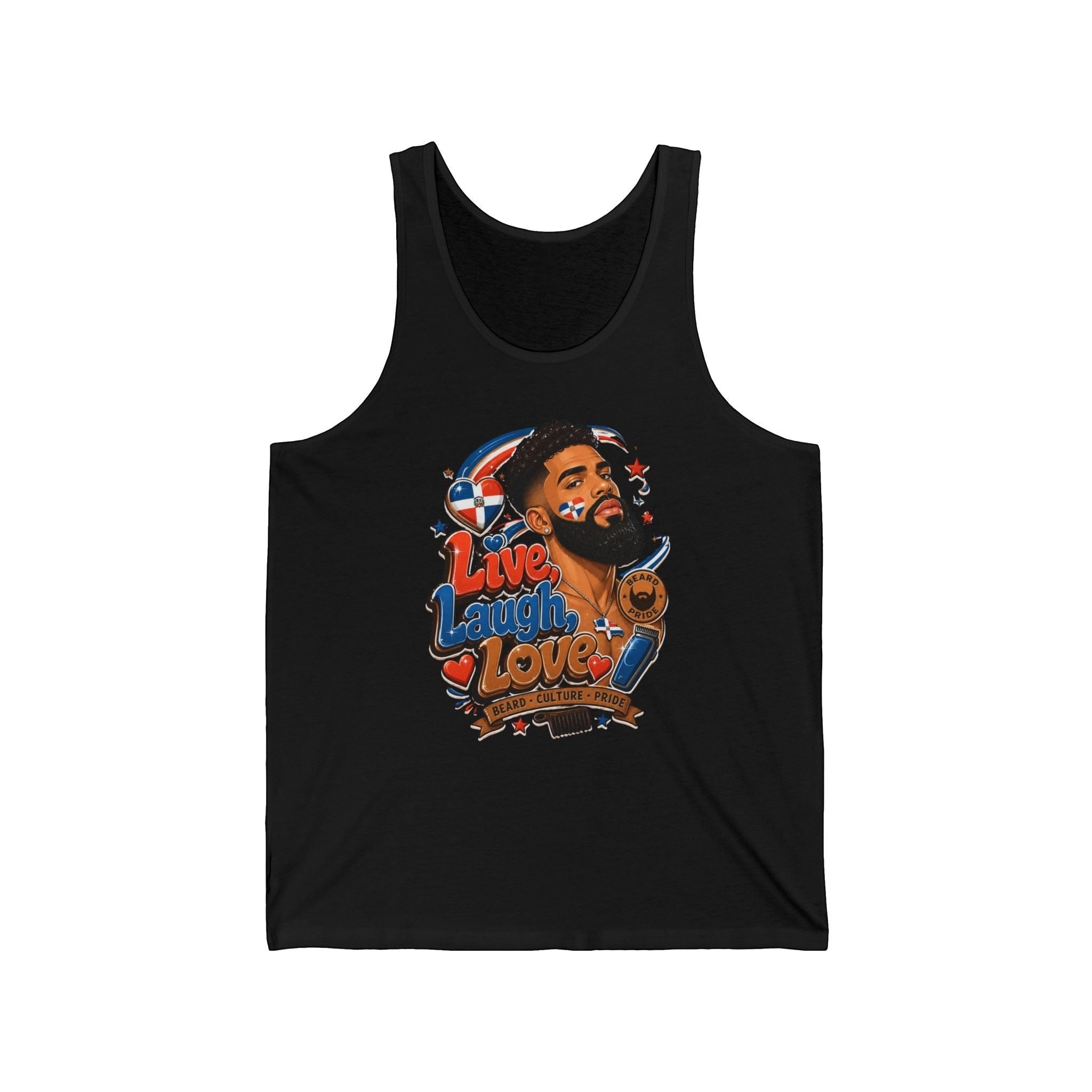 Black tank top with graphic of man and "Live Laugh Love" text.