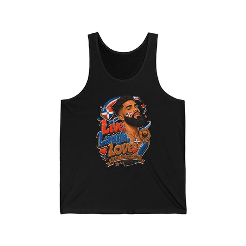 Black tank top with graphic of man and "Live Laugh Love" text.