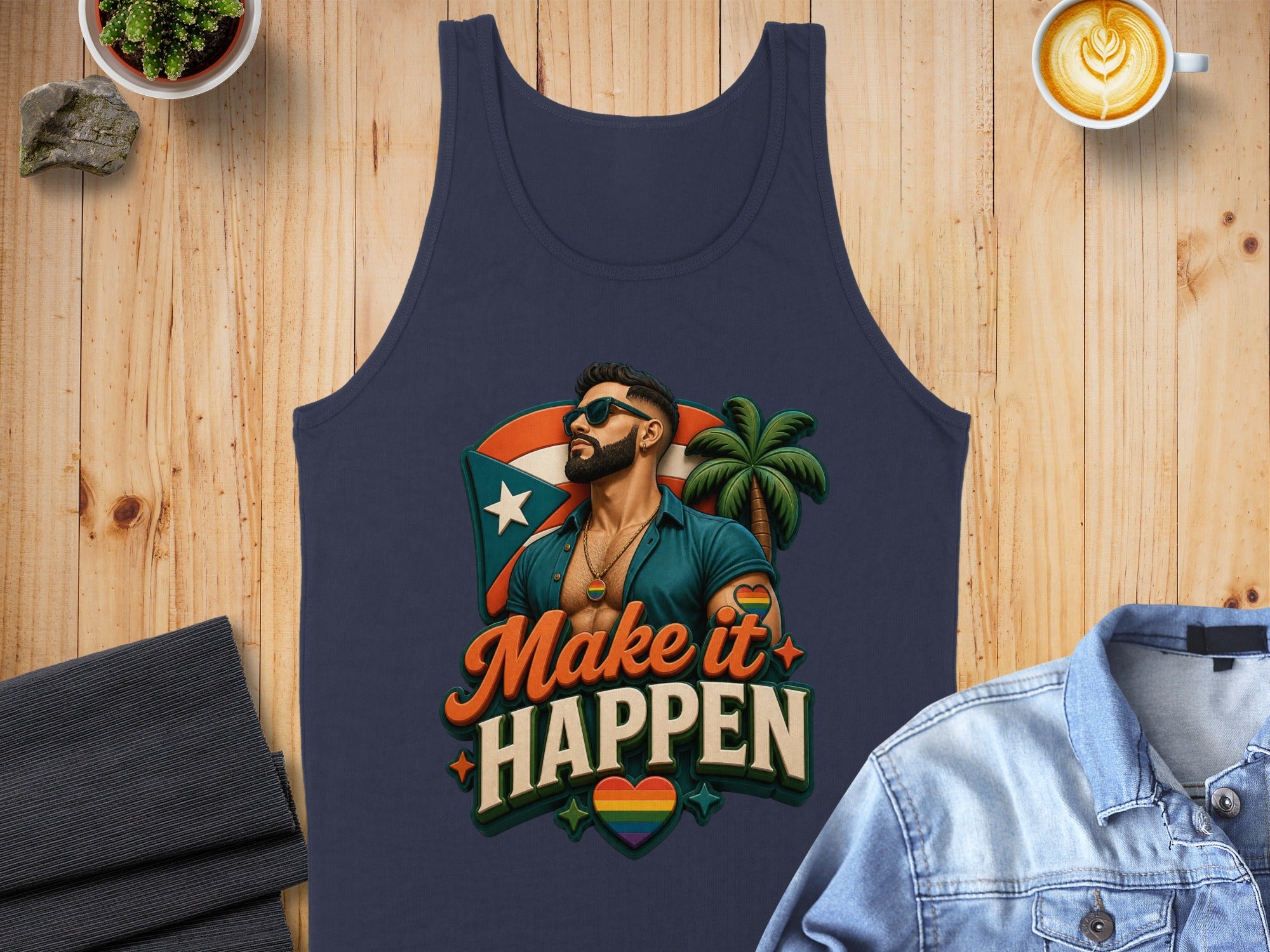 Navy tank top with "Make it Happen" text and rainbow heart, man, palm tree.