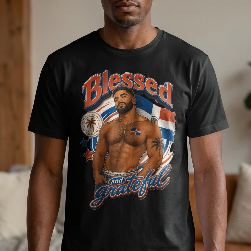 Black t-shirt with text "Blessed and Grateful" and image of muscular man with Dominican flag.