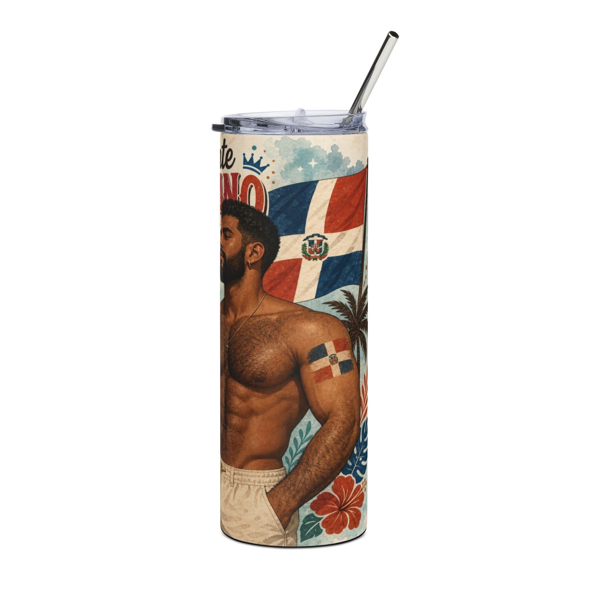 Dominican man with flag tattoo on tropical tumbler with straw.