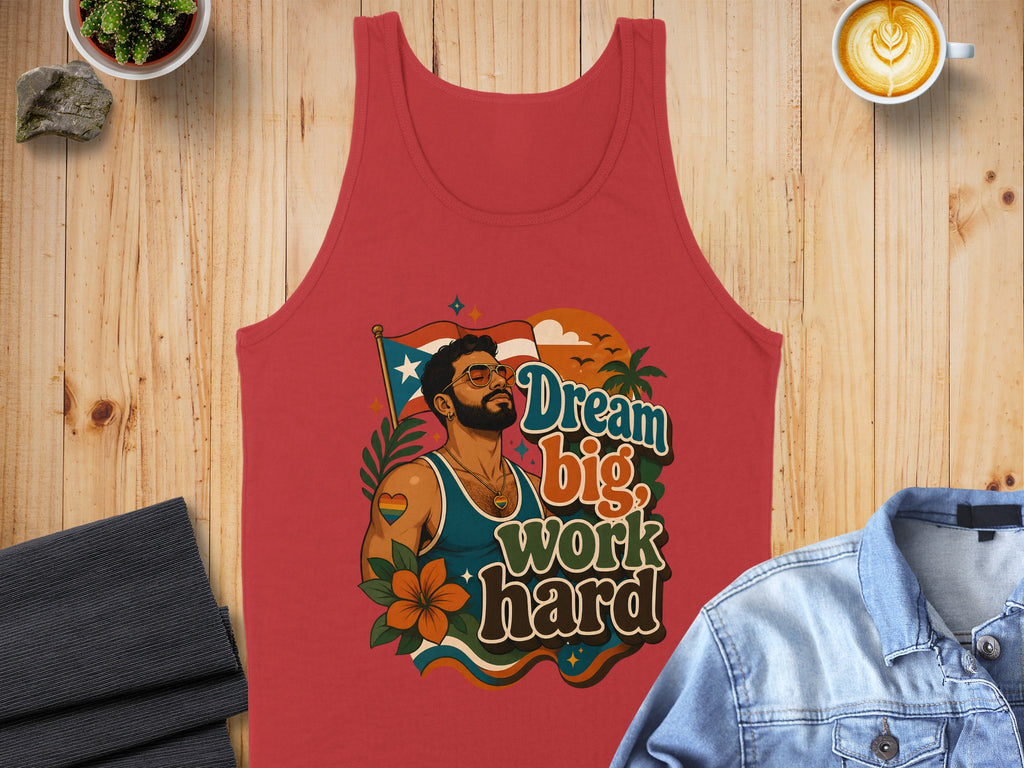 Red tank top with "Dream big, work hard" text and rainbow flag details.