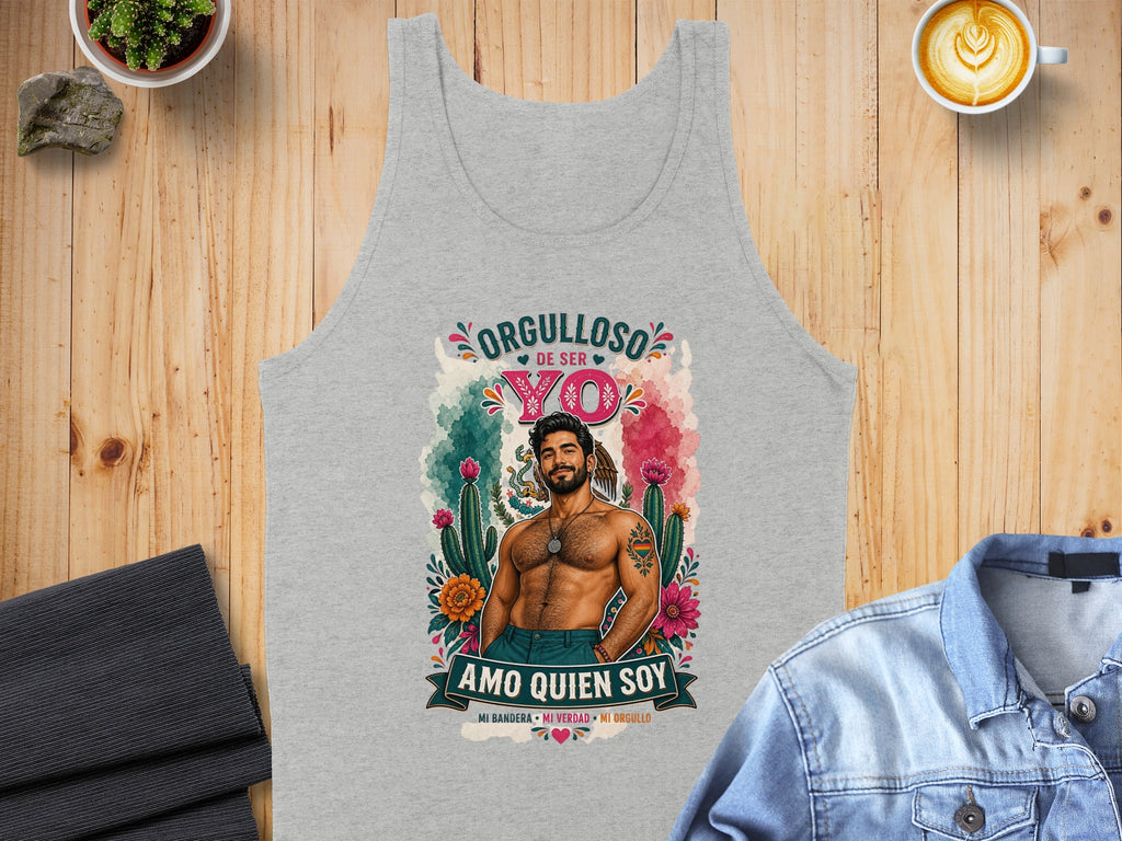 Gray tank top with "Orgulloso de ser YO" and "Amo quien soy" text.