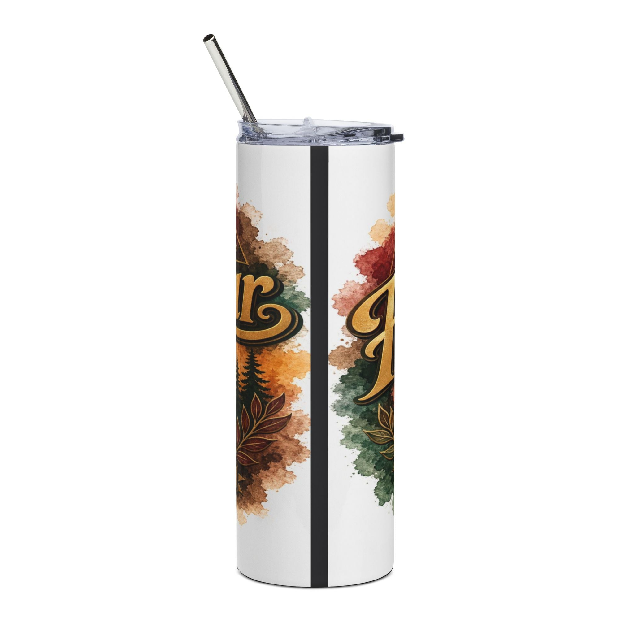 White tumbler with "Fall" text and autumn foliage design, featuring a metal straw.