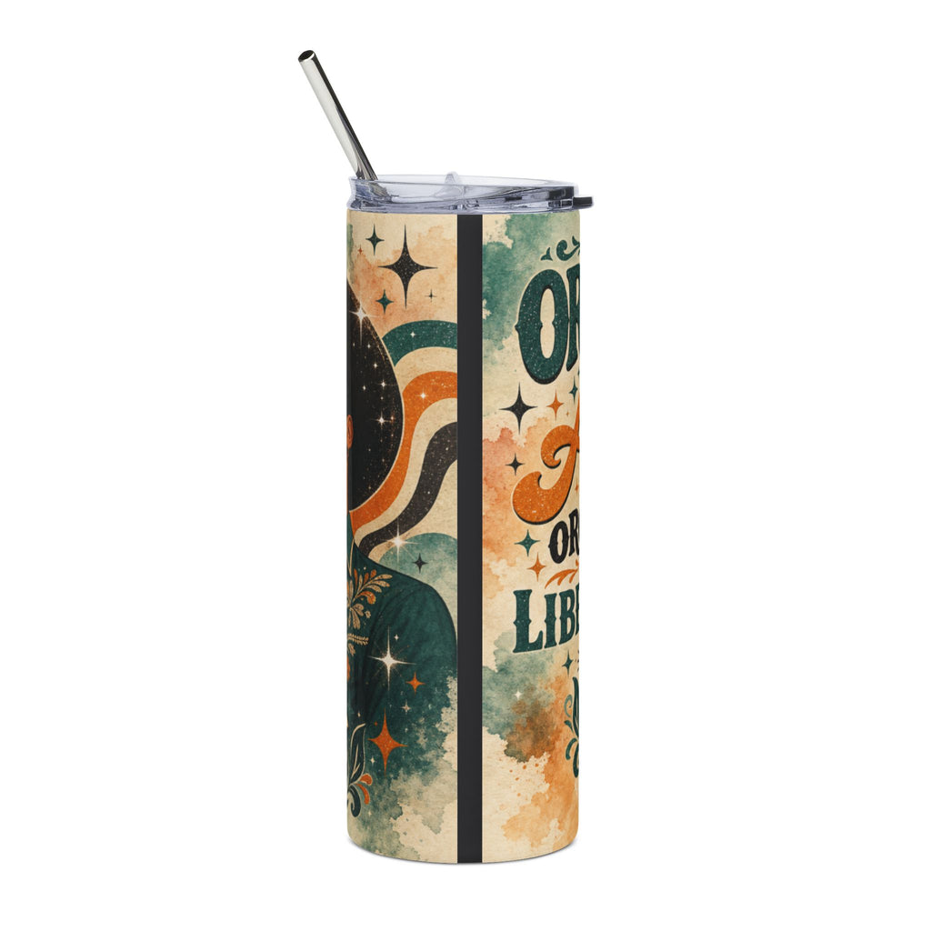 Tumbler with "On or about" text and retro cosmic pattern.