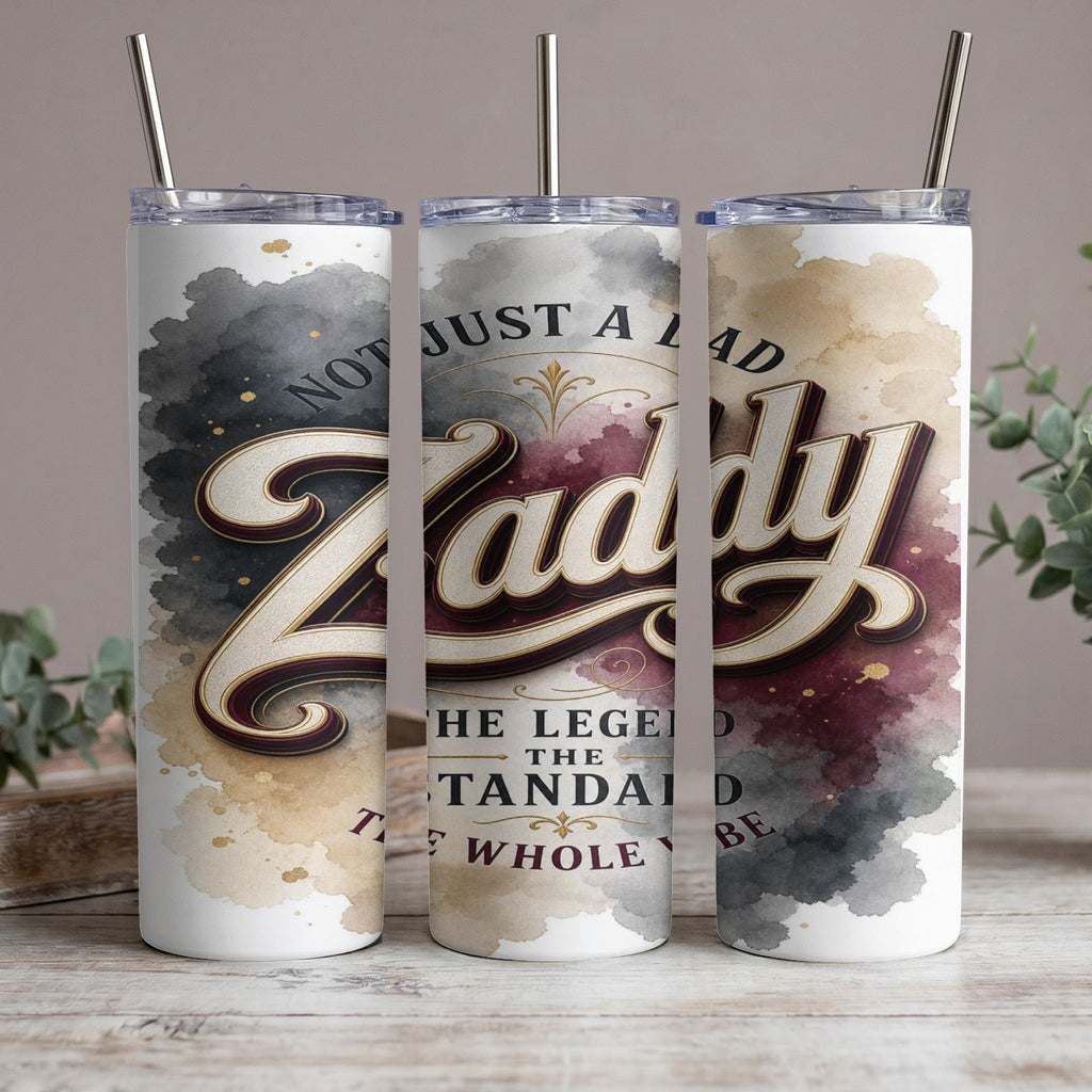 "Zaddy" tumbler with abstract watercolor design and text "Not Just A Lad".