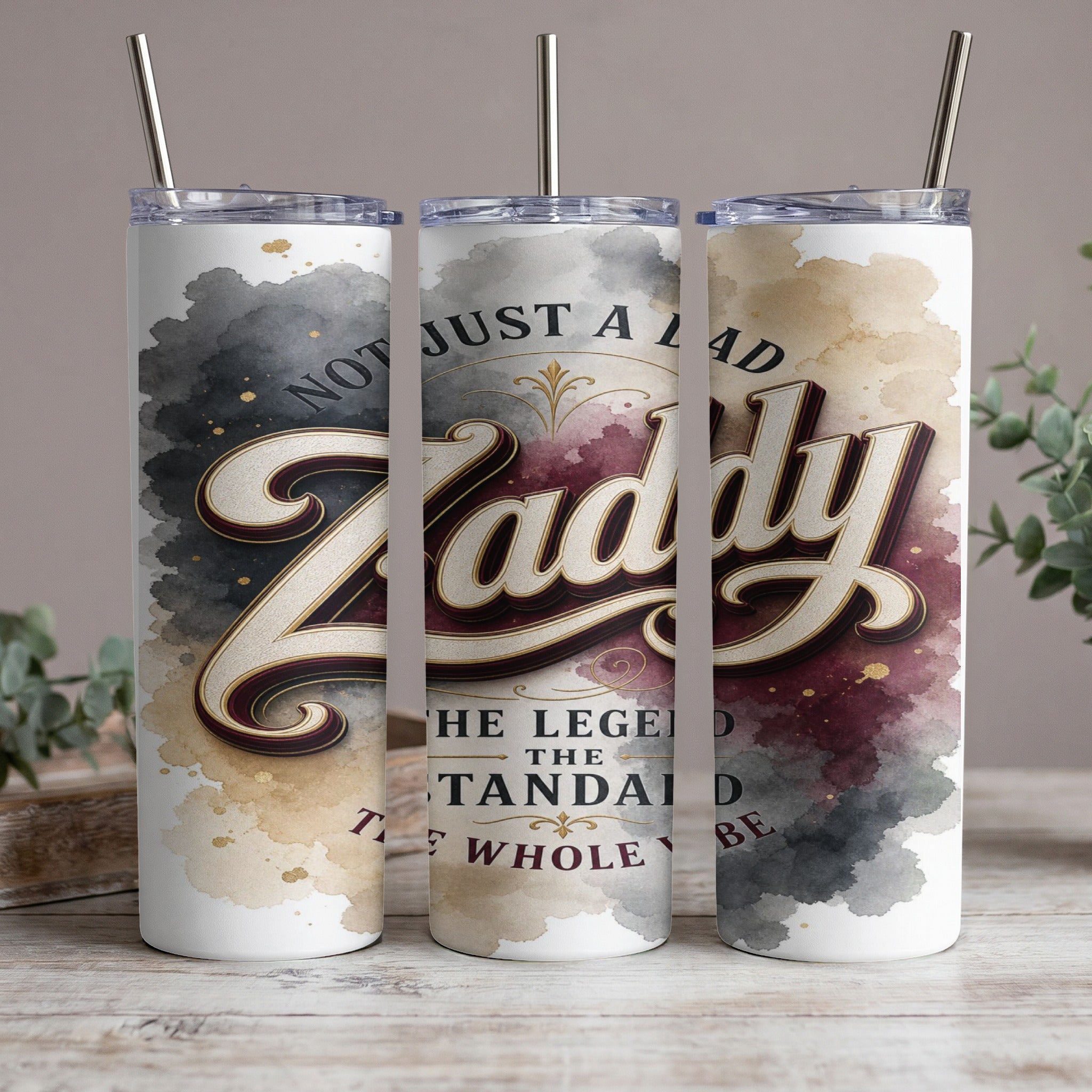 "Zaddy" tumbler with abstract watercolor design and text "Not Just A Lad".