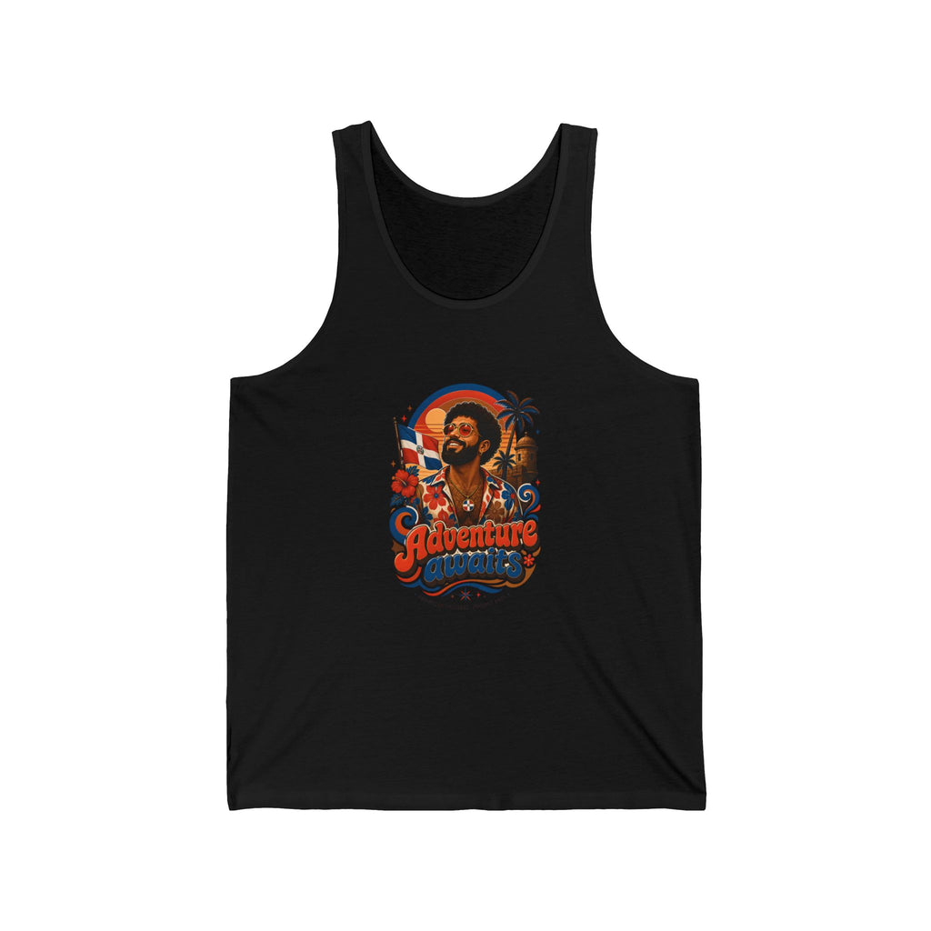Black tank top with vintage style graphic: man, flag, palm trees, text "Adventure Awaits".
