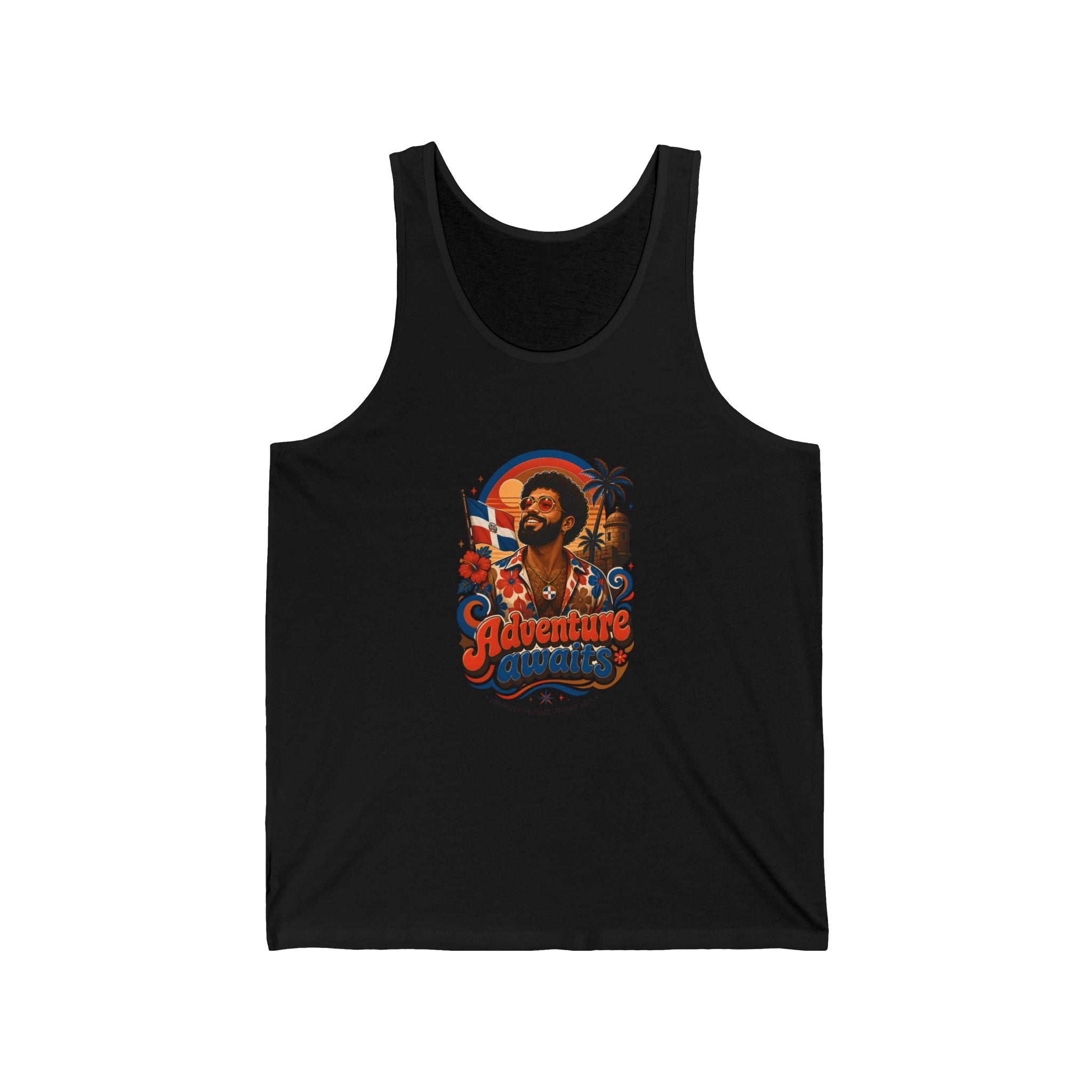 Black tank top with vintage style graphic: man, flag, palm trees, text "Adventure Awaits".