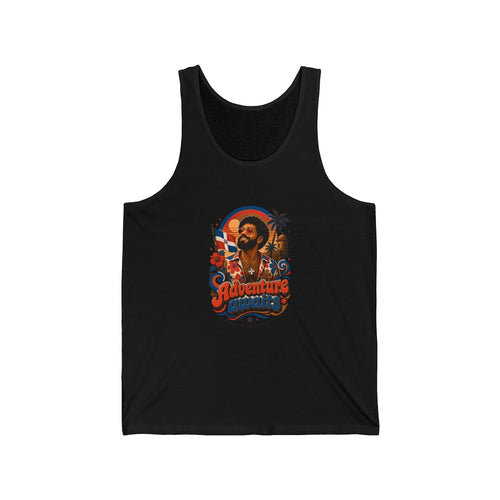Black tank top with vintage style graphic: man, flag, palm trees, text "Adventure Awaits".