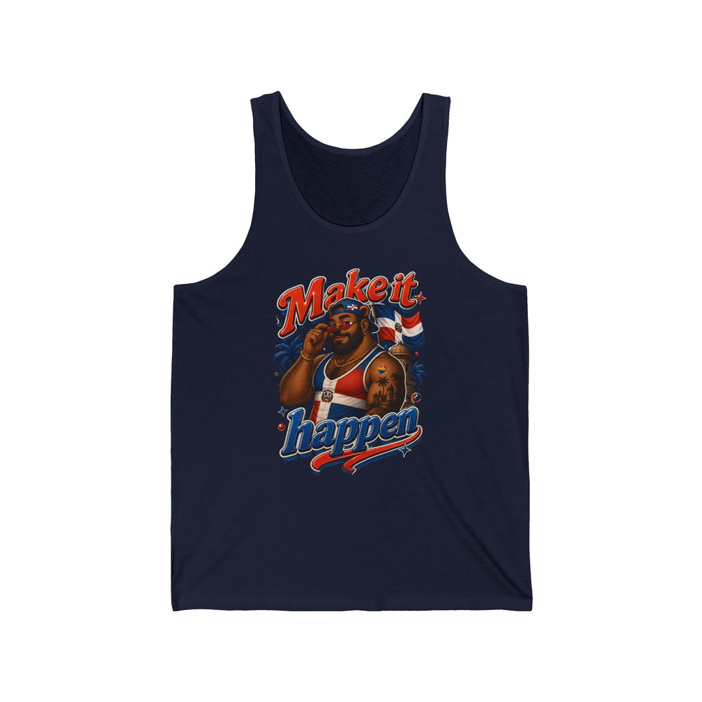 Dominican man in tank top with Dominican flag and "Make it happen" text.