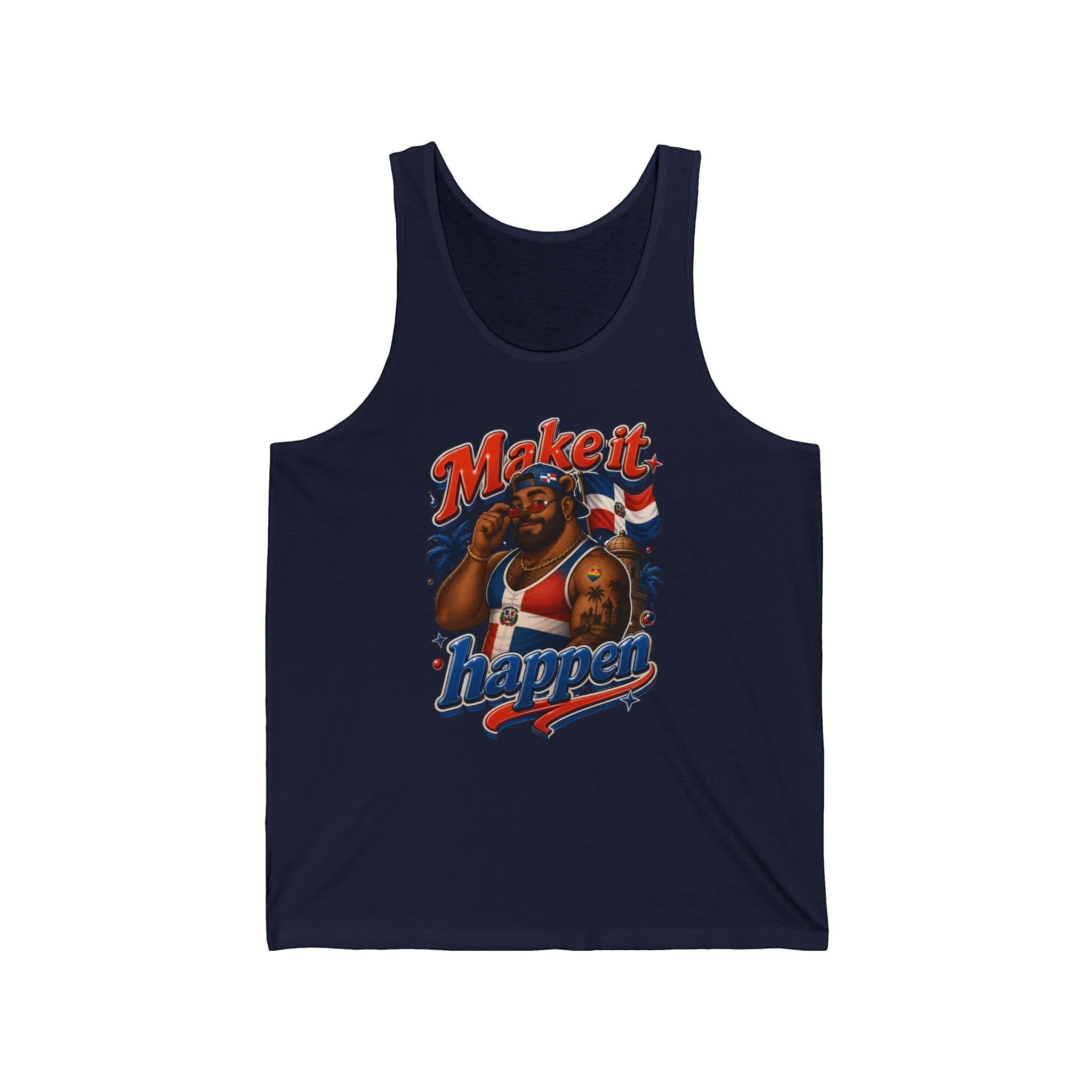 Dominican man in tank top with Dominican flag and "Make it happen" text.