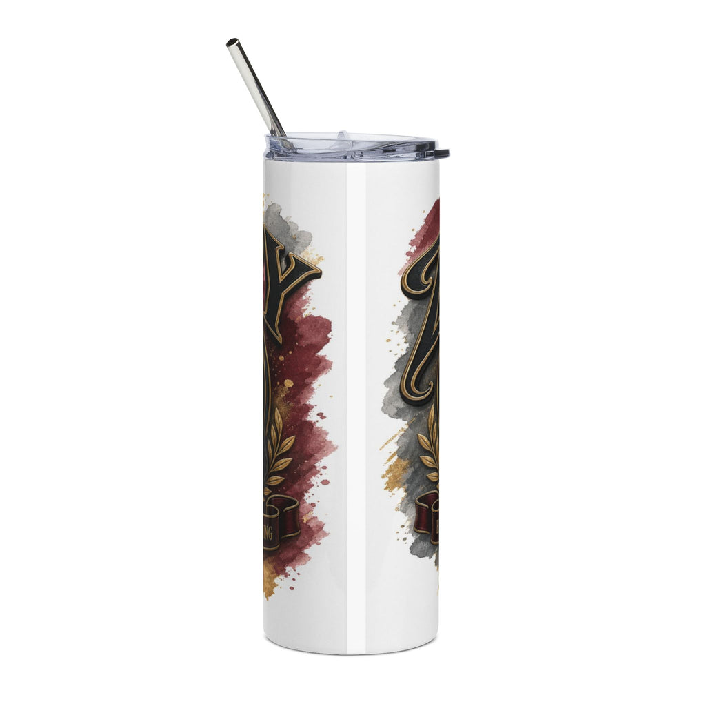 White tumbler with metallic straw featuring decorative lettering and watercolor splashes.