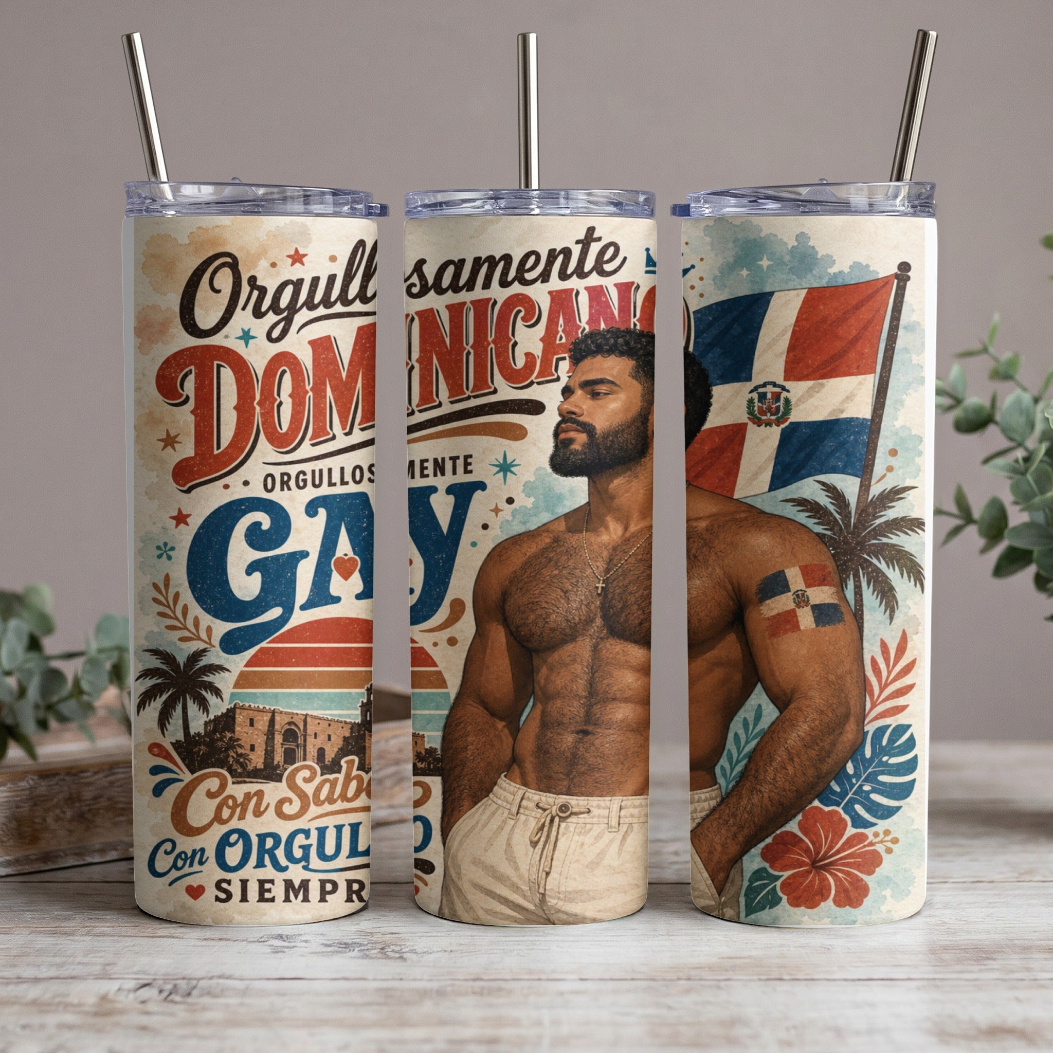 Dominican Gay Pride tumbler with flags, palm trees, and text.