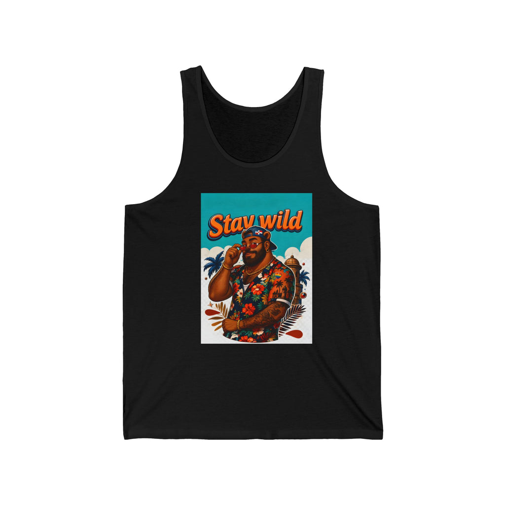 Black tank top with "Stay Wild" graphic featuring a man in a floral shirt.