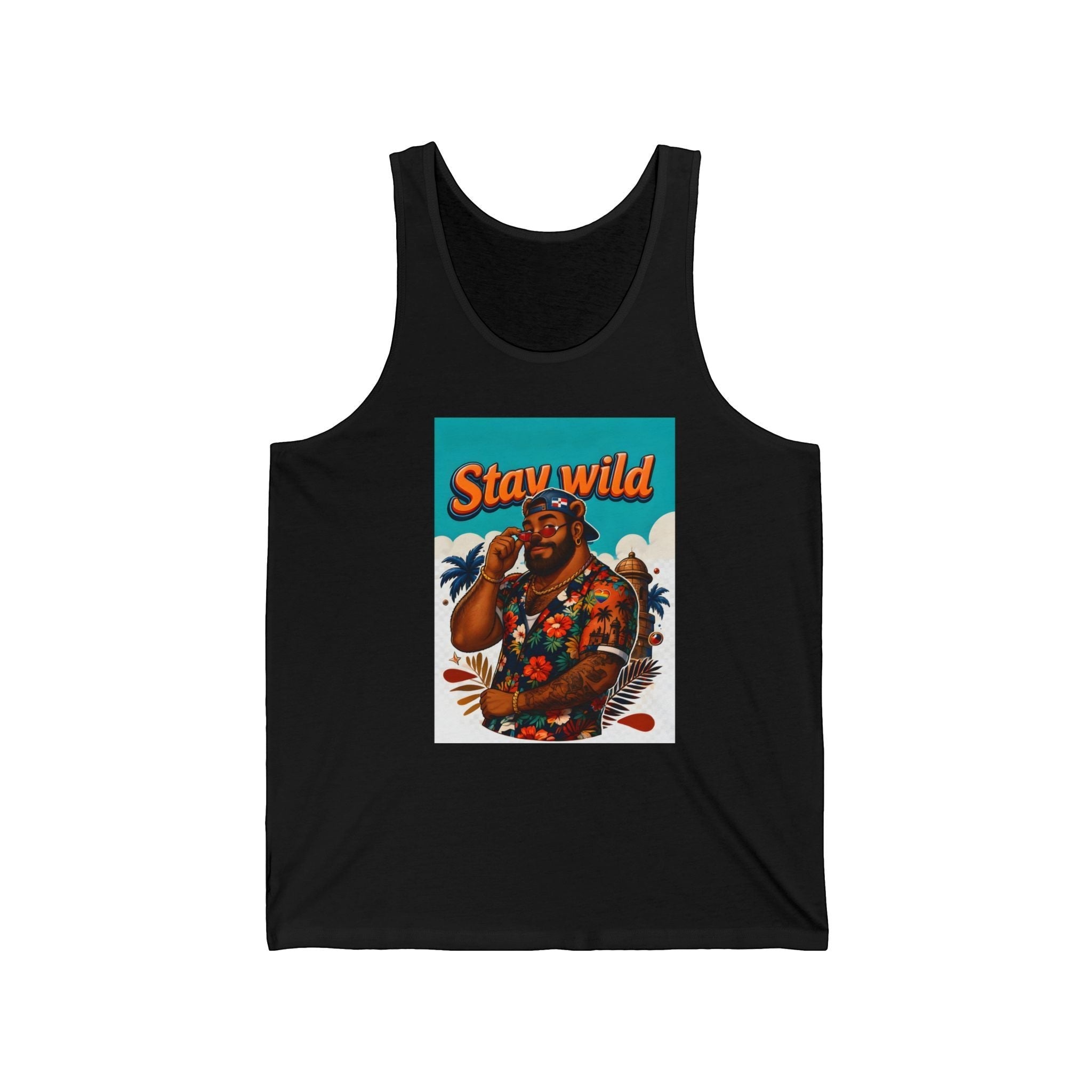 Black tank top with "Stay Wild" graphic featuring a man in a floral shirt.