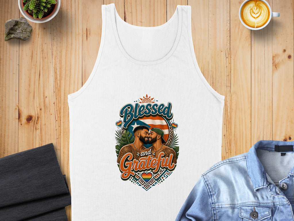 Tank top with gay couple illustration and "Blessed and Grateful" text.
