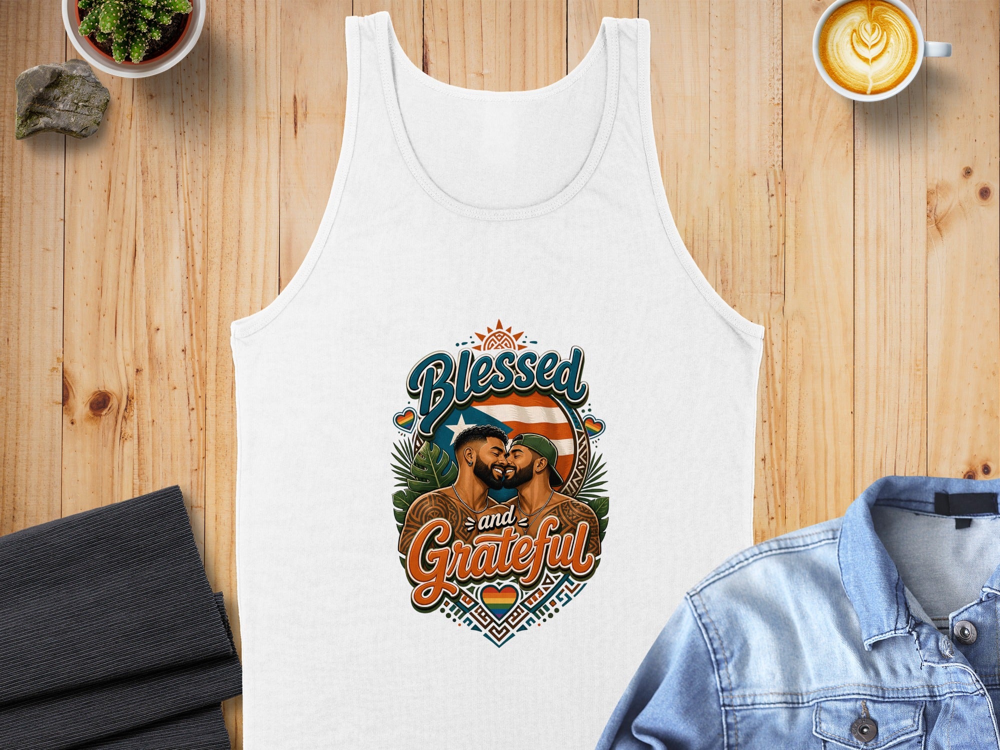 Tank top with gay couple illustration and "Blessed and Grateful" text.