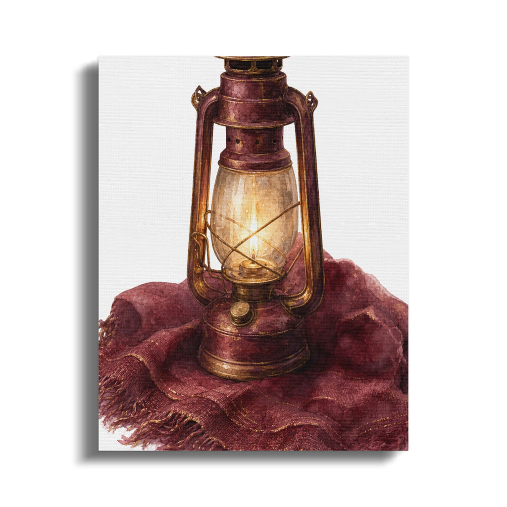 Vintage oil lantern with lit wick set on a textured red cloth.