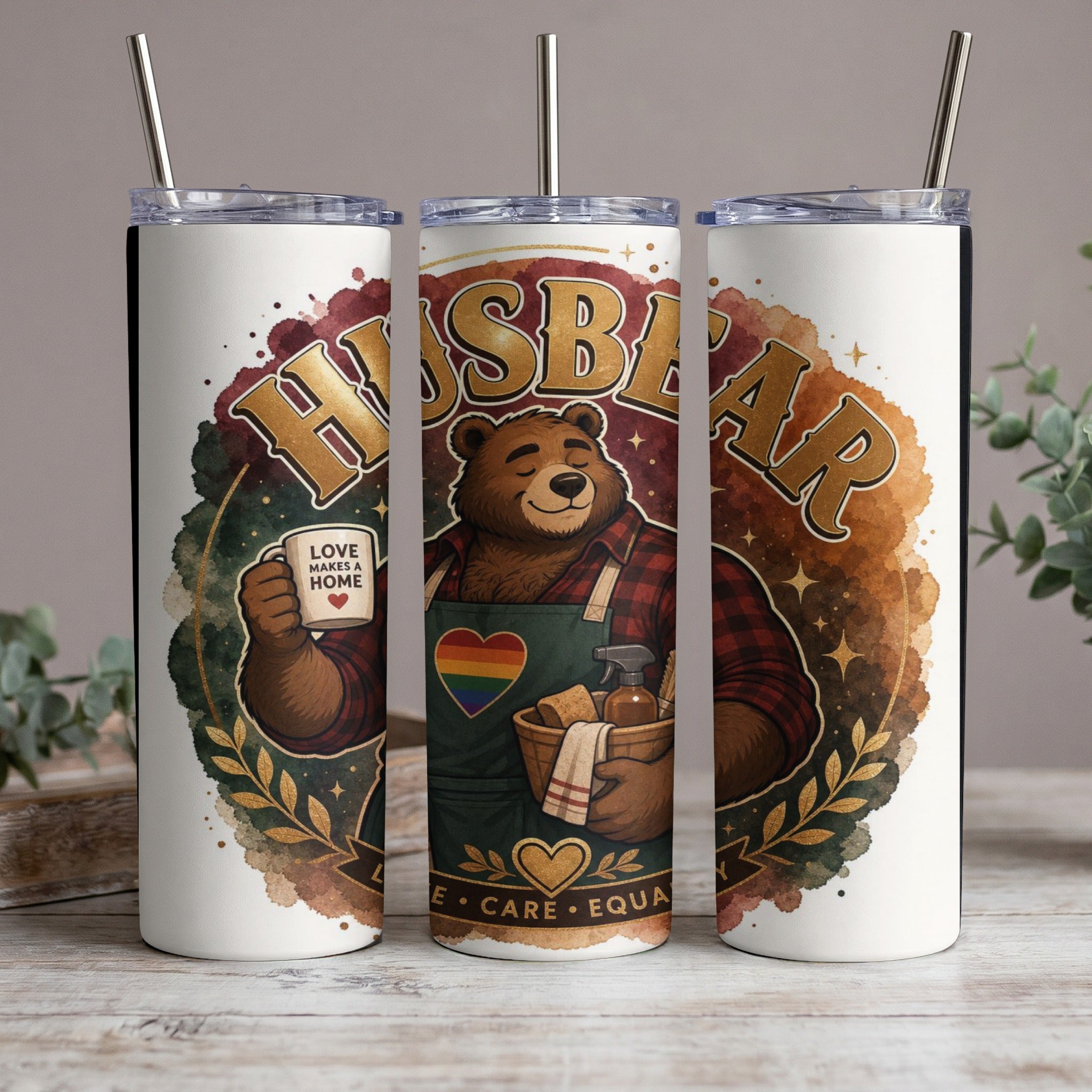Bear holding mug with "Love Makes a Home" text.