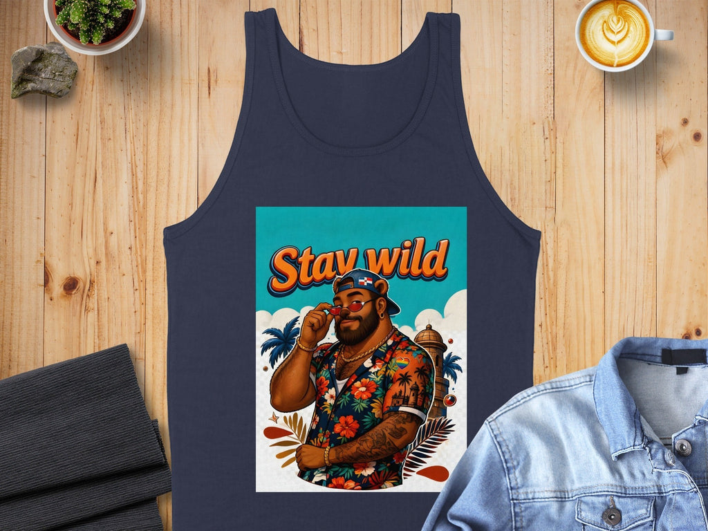 Navy tank top with "Stay Wild" text and man wearing sunglasses.