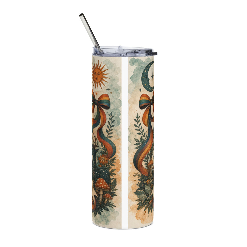 Tumbler with celestial sun, moon, mushrooms, and rainbow ribbon design.