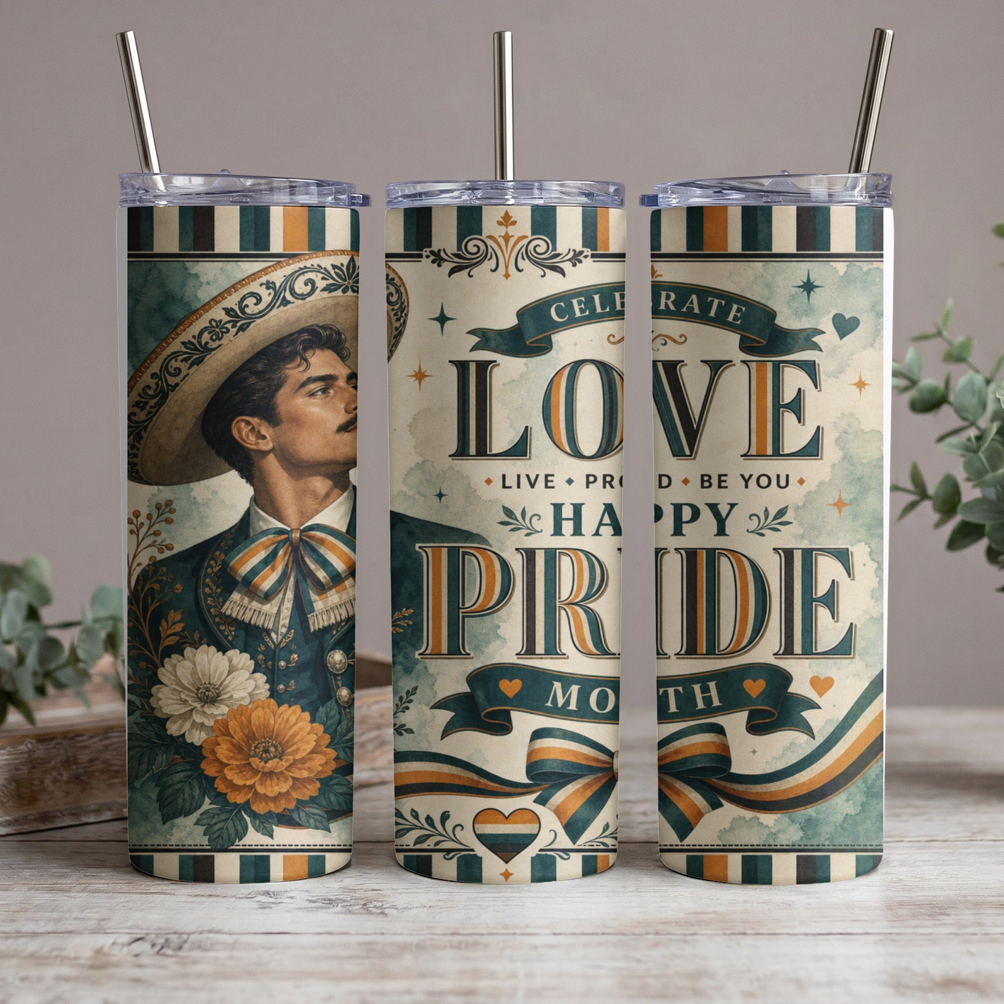 Triptych of tumblers celebrating Pride Month with a charro design and text.