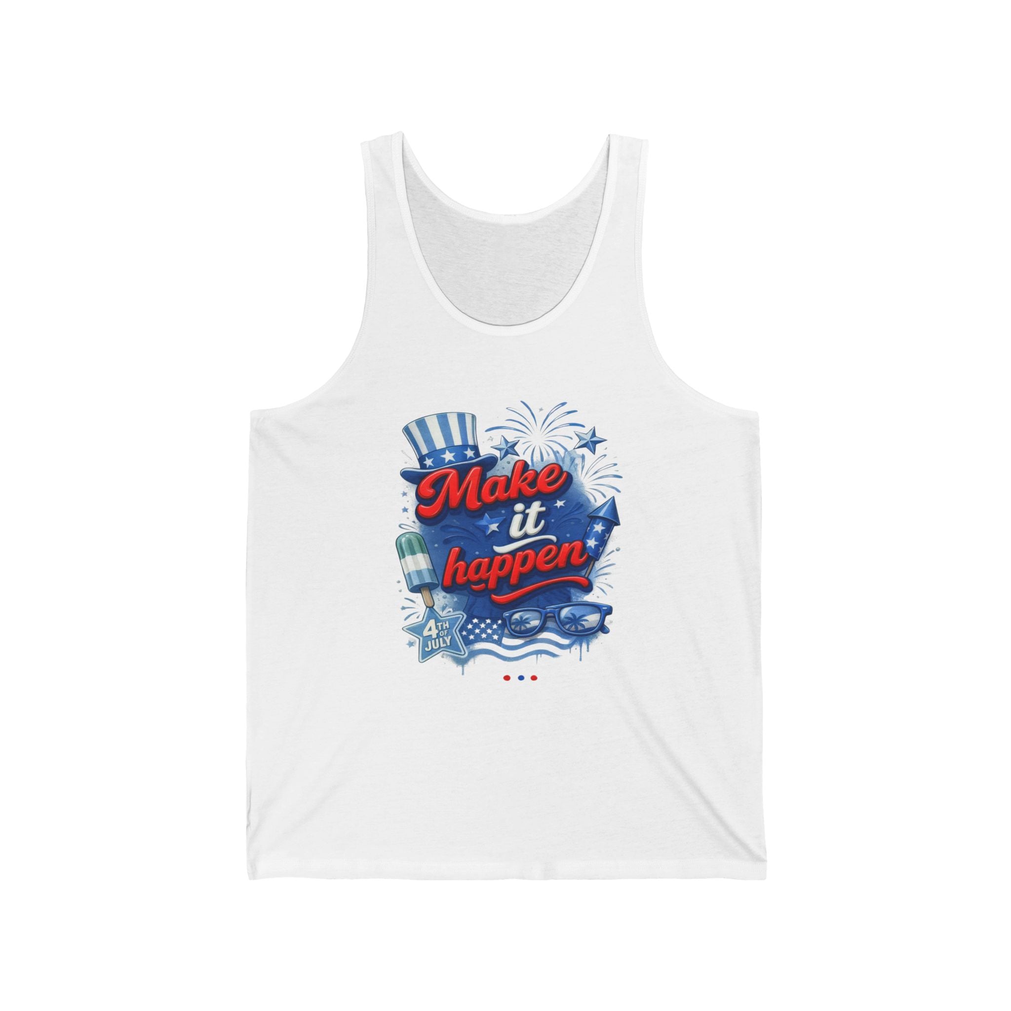 White tank top with "Make it happen" in red, white, and blue American themed graphics.