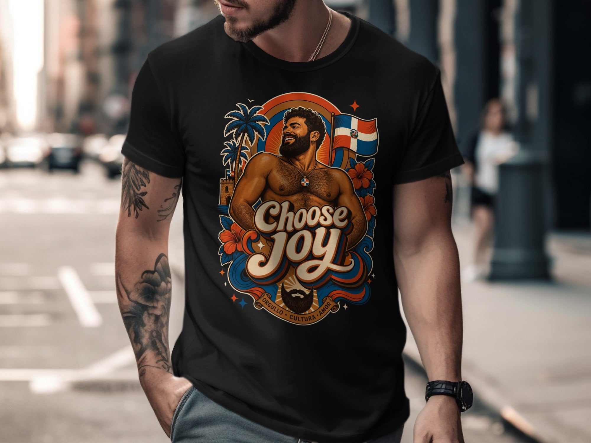 Black t-shirt with vibrant graphic of a muscular man and "Choose Joy" text.