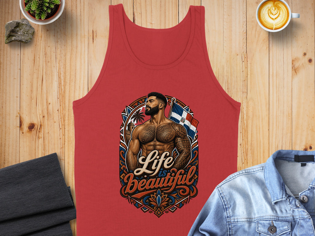 Red tank top with tattooed man and Dominican flag, "Life is Beautiful" text.