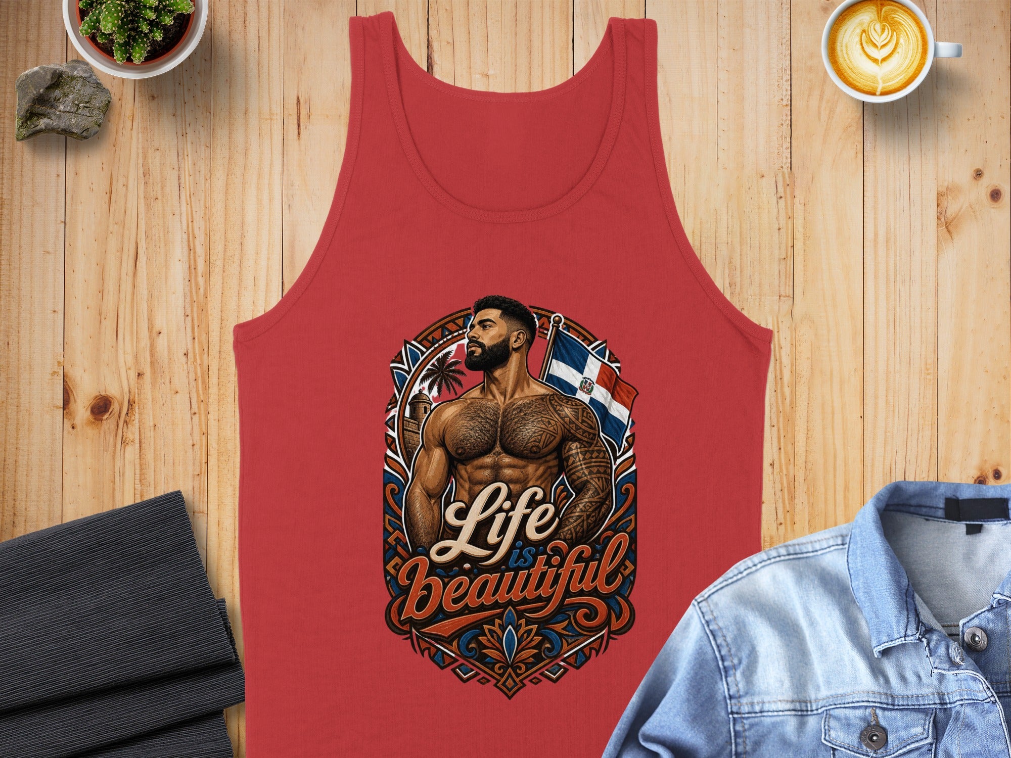 Red tank top with tattooed man and Dominican flag, "Life is Beautiful" text.