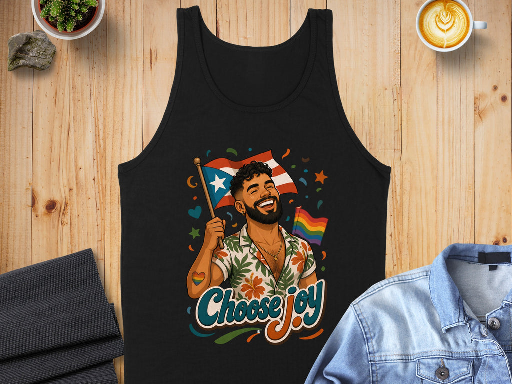 Man holding Puerto Rican flag with rainbow accents and "Choose Joy" text.