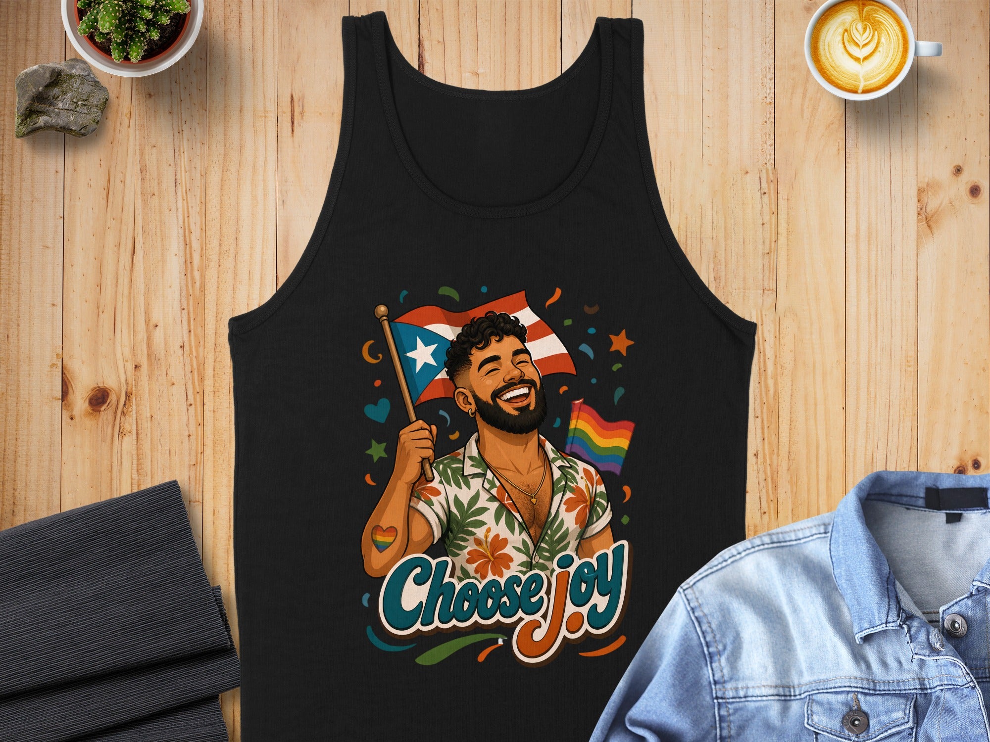 Man holding Puerto Rican flag with rainbow accents and "Choose Joy" text.