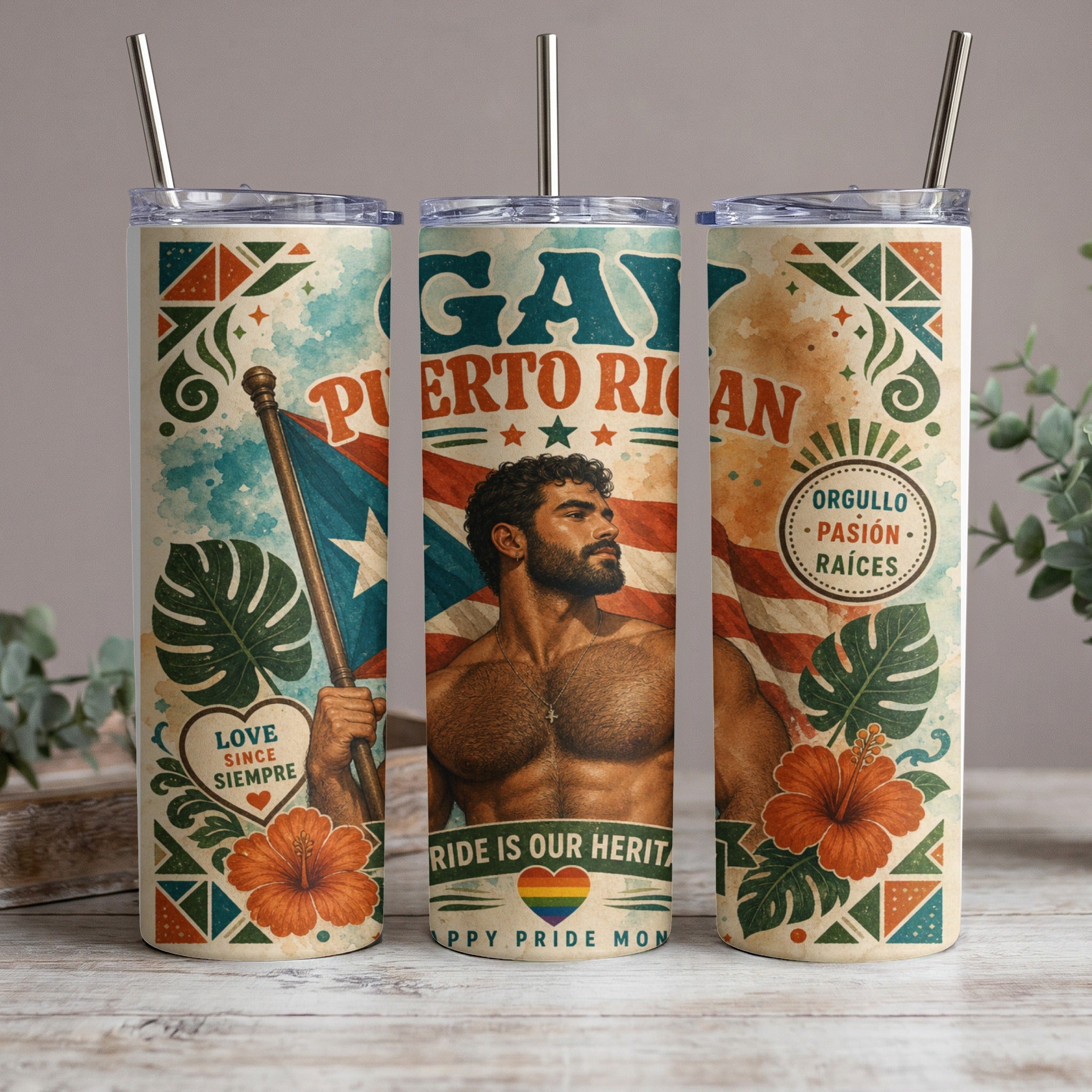 Gay Puerto Rican pride tumbler with a man, flag, and flowers.