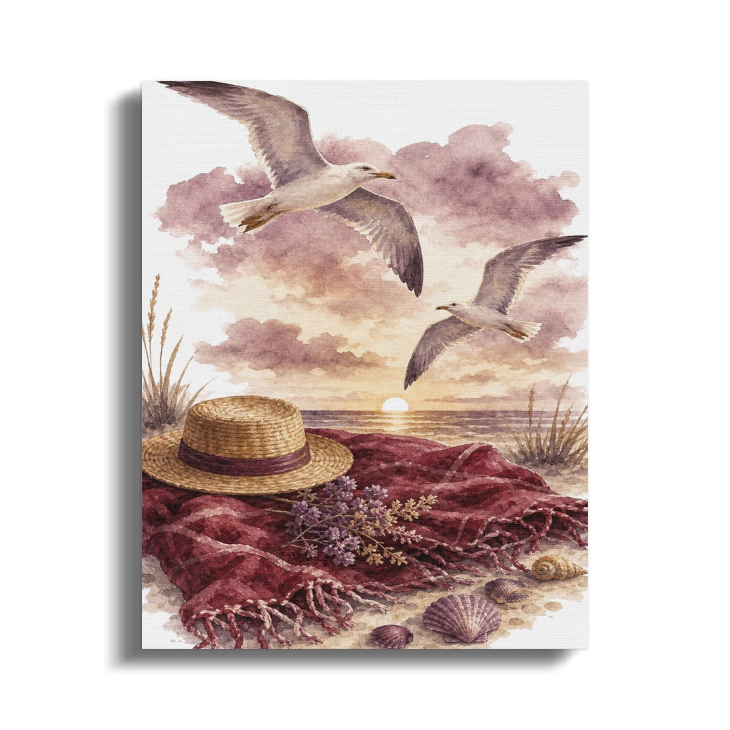 Seagulls fly over a beach scene with a straw hat, blanket, and shells at sunset.