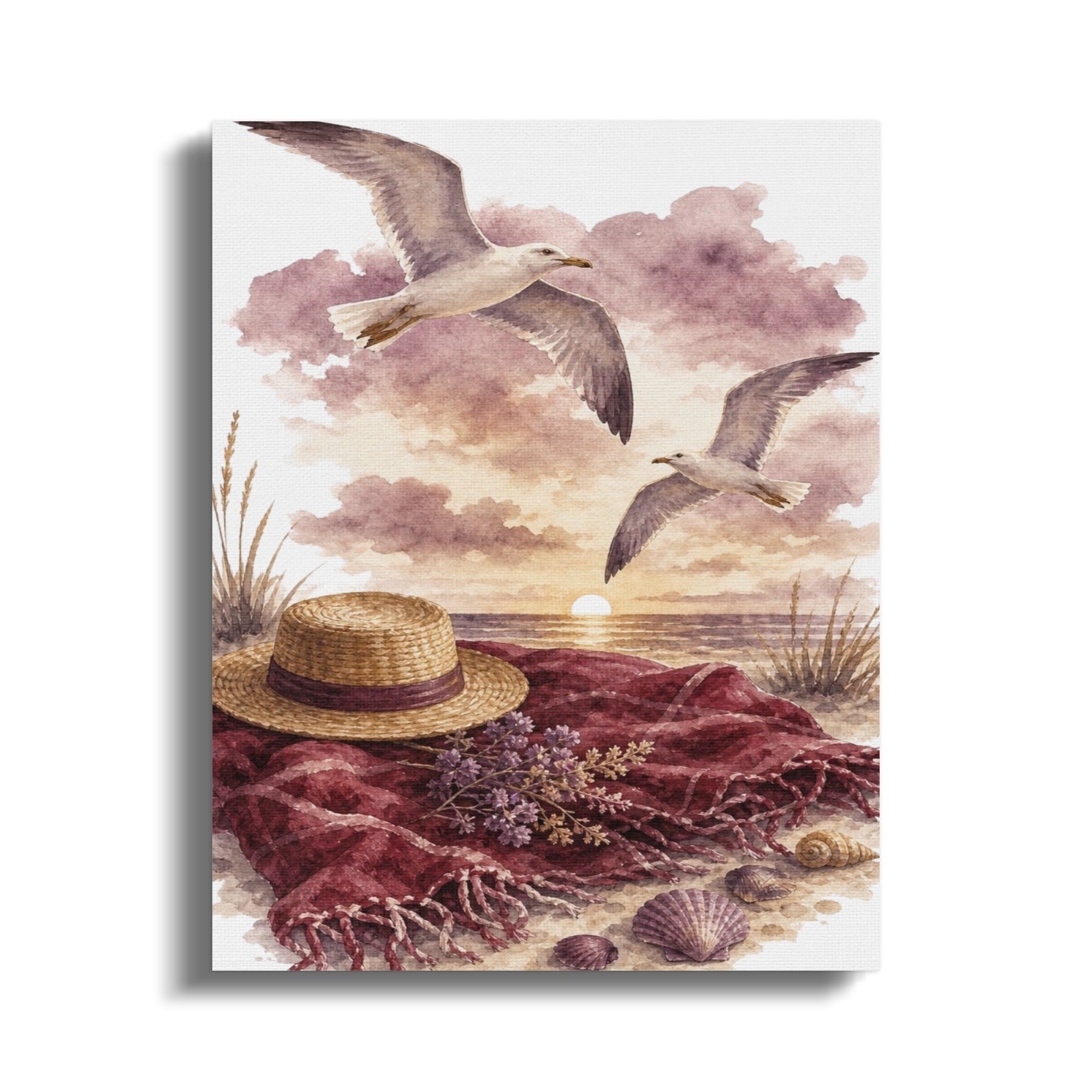 Seagulls fly over a beach scene with a straw hat, blanket, and shells at sunset.
