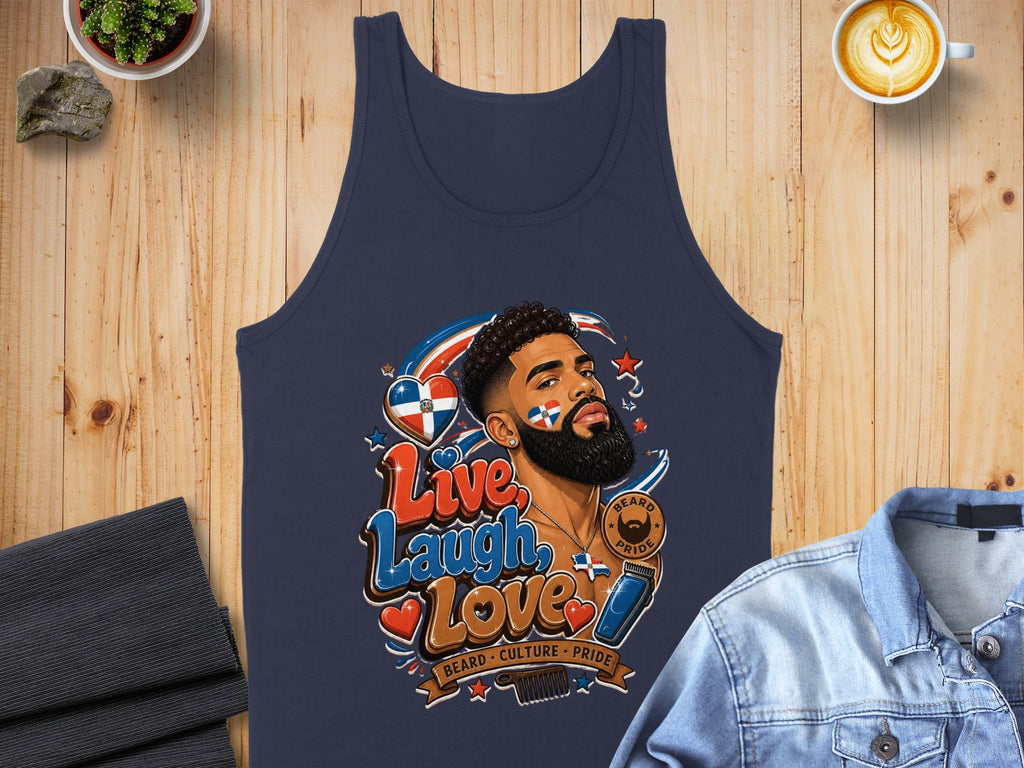 Navy blue tank top with "Live Laugh Love" and bearded man design.