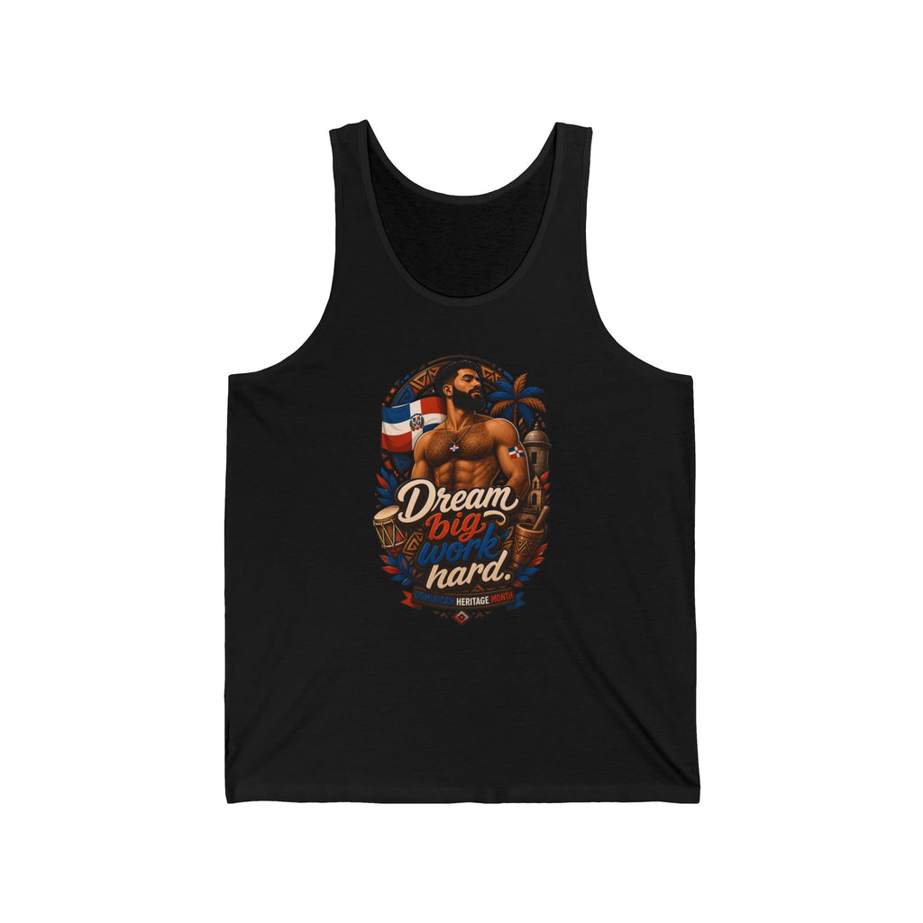 Tank top with "Dream big work hard" text and Dominican flag motif.