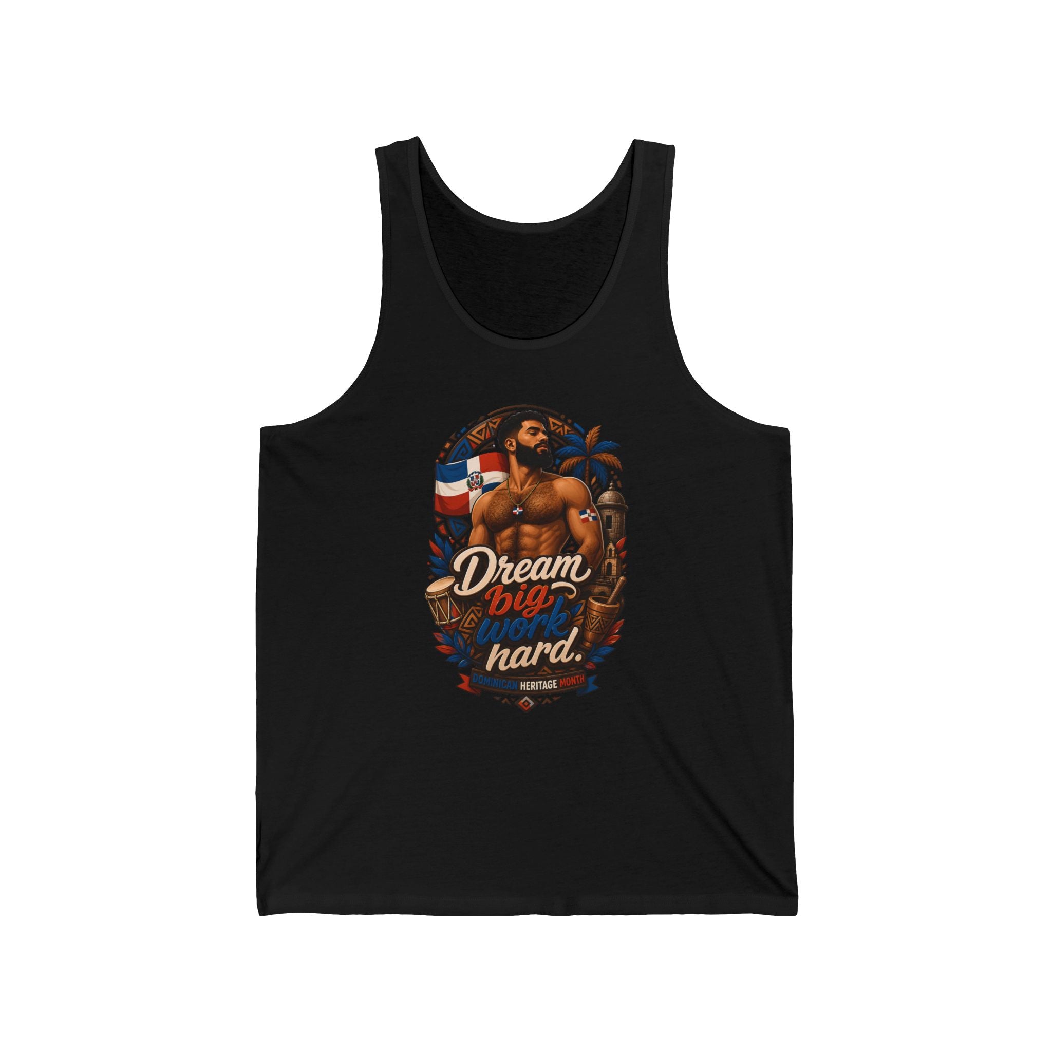 Tank top with "Dream big work hard" text and Dominican flag motif.